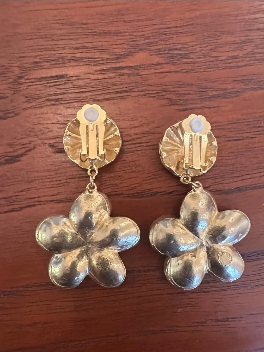 Gold Flower Drop Earrings with Crystal Center - Women Jewelry
